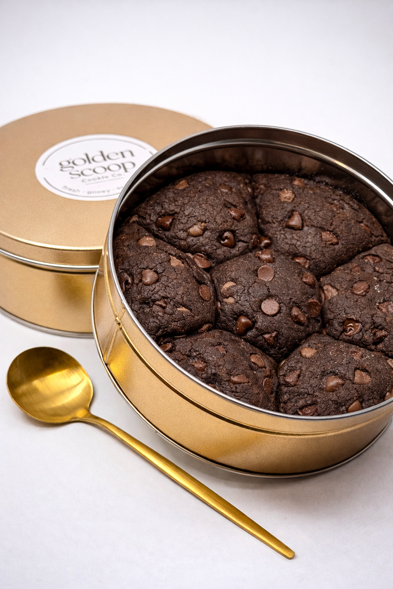 Double Chocolate - scoopable cookie tin from Golden Scoop